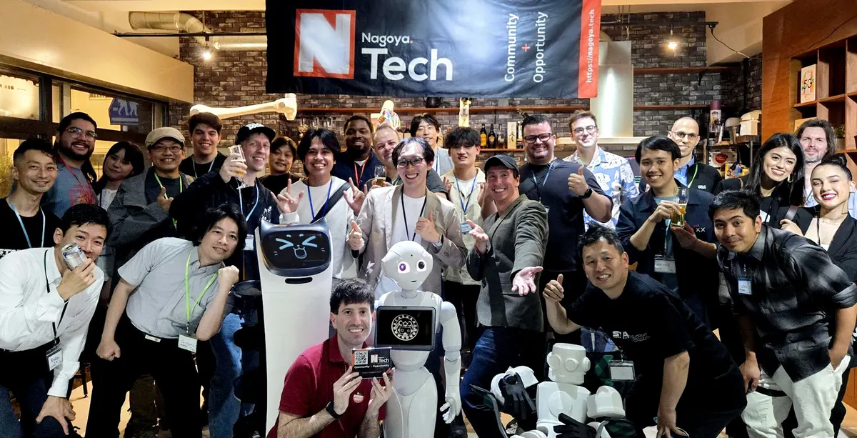 The Nagoya.Tech group photo with Pepper the robot at the May 2025 meetup