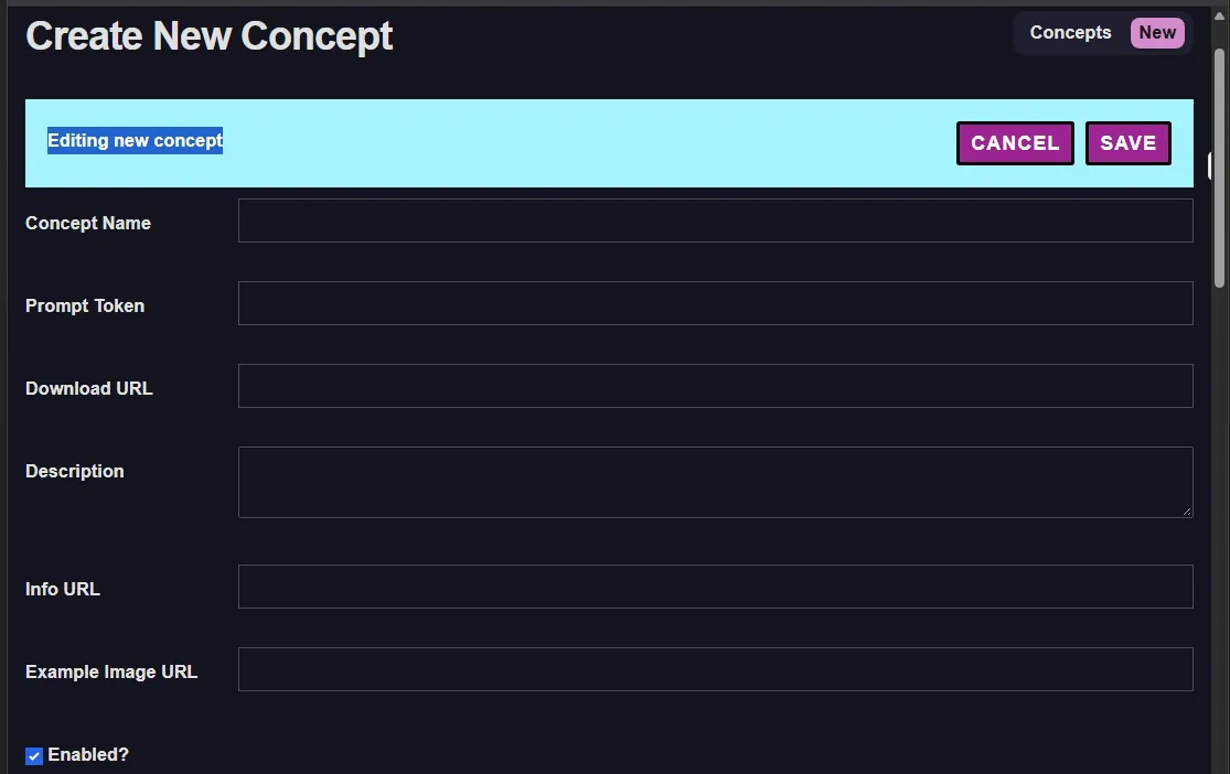 Create New Concept form with Download URL field