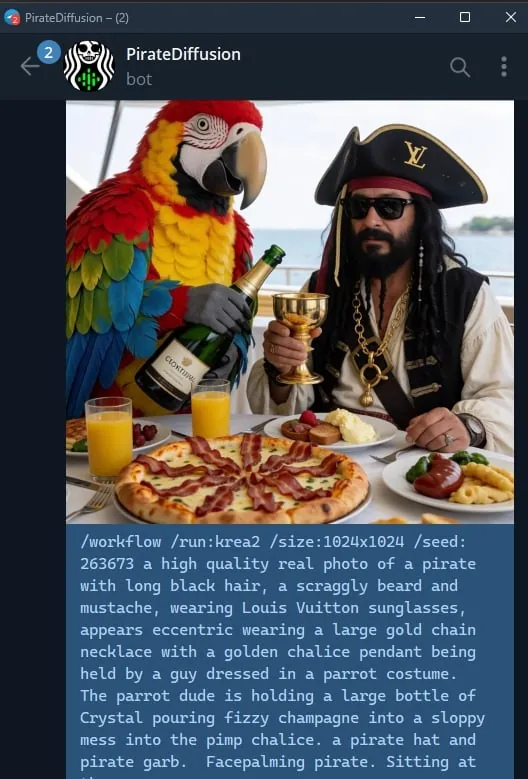 Der Krea2-Workflow im Telegram-Bot: eine /workflow /run:krea2 Nachricht, und das Bild kommt mit dem Befehl darunter zurück im Chat.