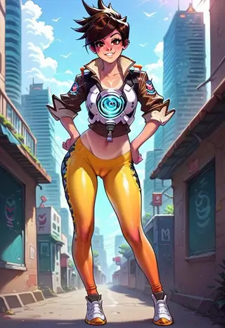 TRACER ( Overwatch ) WITHOUT goggles/mask/glasses NSFW focused Pony/Comic style